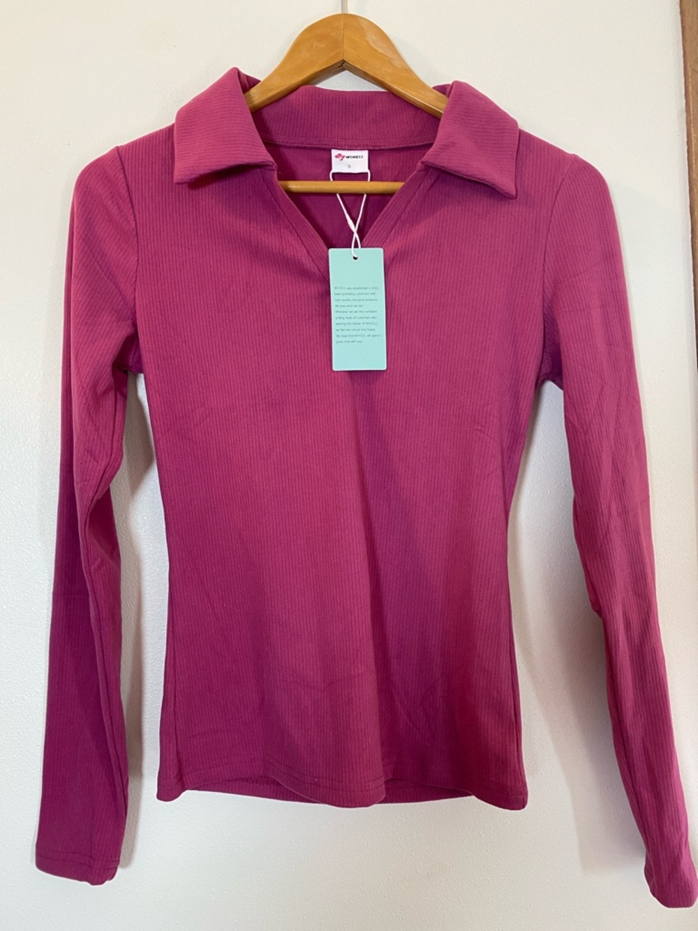 Ribbed Long-Sleeve Polo Top in Magenta